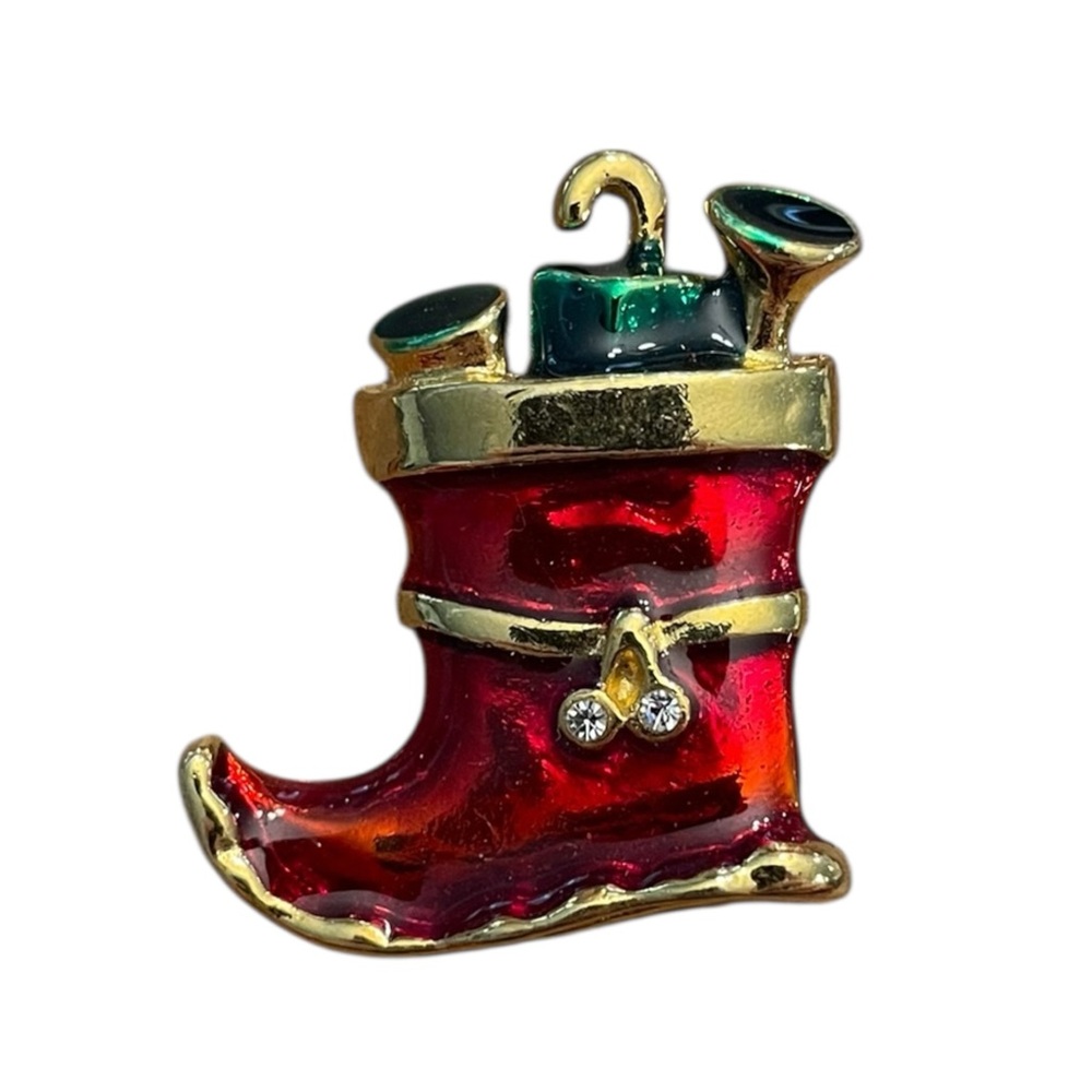 CLASSIC CHRISTMAS BROOCH ELF‎ BOOT FILLED WITH GIFTS PRESENTS RHINESTONES ENAMEL